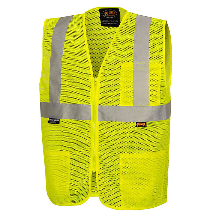 Self Extinguishing Mesh Safety Vest Yellow Green Front View Image