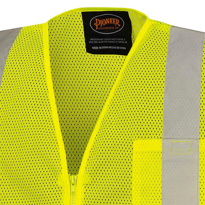 Self Extinguishing Mesh Safety Vest Yellow Green Top Pocket Detail Image
