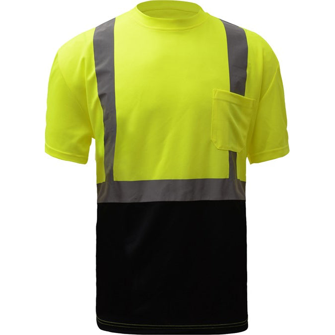 Short Sleeve Safety T-Shirt With Silver Tape Class 2 in Lime With Black Bottom Front View Image