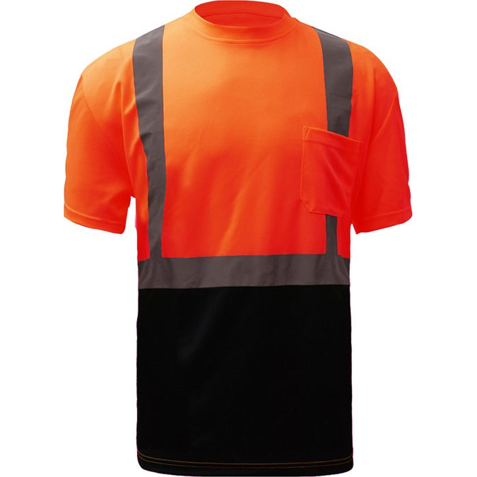 Short Sleeve Safety T-Shirt With Silver Tape Class 2 in Orange With Black Bottom Front View Image