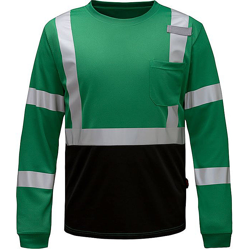 Standard Long Sleeve T-Shirt With Black Bottom and Silver Reflective Tape in Forest Green Front View Image