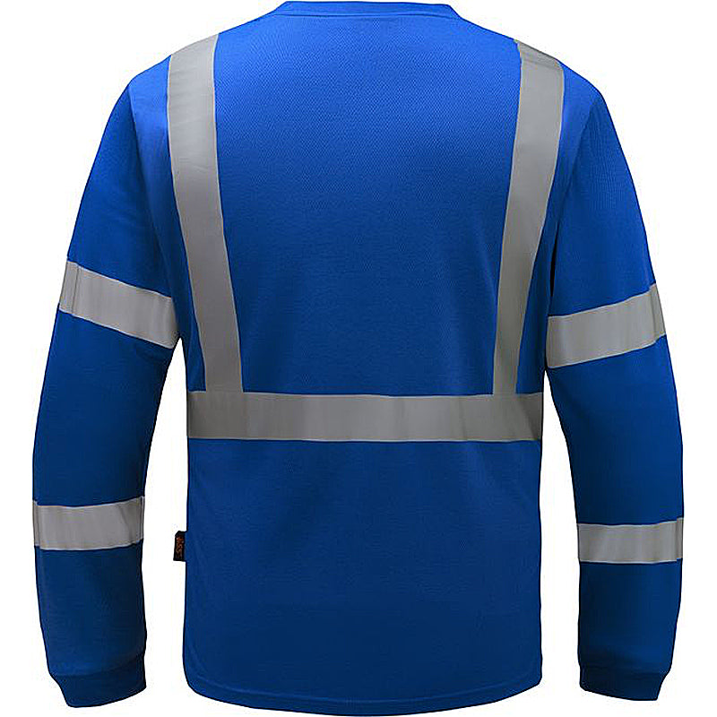 Standard Long Sleeve T-Shirt With Black Bottom and Silver Reflective Tape in Blue Back View Image