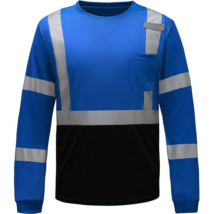 Standard Long Sleeve T-Shirt With Black Bottom and Silver Reflective Tape in Blue  Front View Image