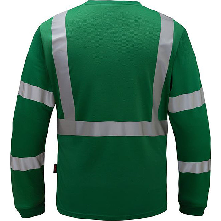 Standard Long Sleeve T-Shirt With Black Bottom and Silver Reflective Tape in Forest Green Back View Image