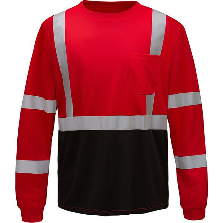 Standard Long Sleeve T-Shirt With Black Bottom and Silver Reflective Tape in Red Front View Image