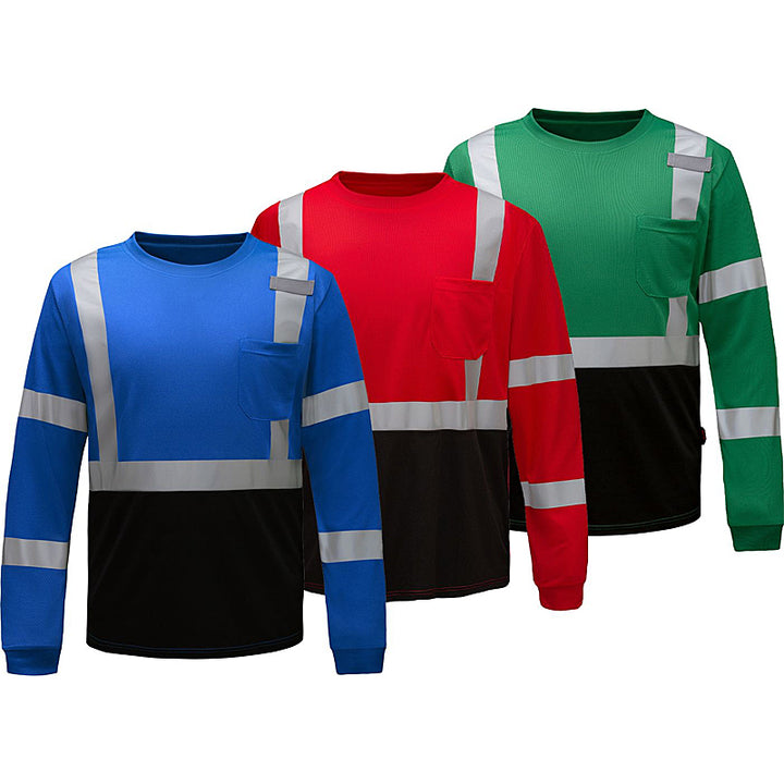 Standard Long Sleeve T-Shirt With Black Bottom and Silver Reflective Tape in Blue, Red and Forest Green Front View Image