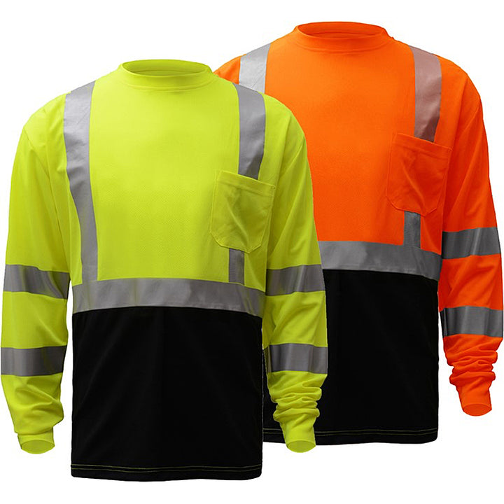 Standard Long Sleeve Shirt With Reflective Tape and Black Bottom Class 3 in Lime and  Orange Front View Image