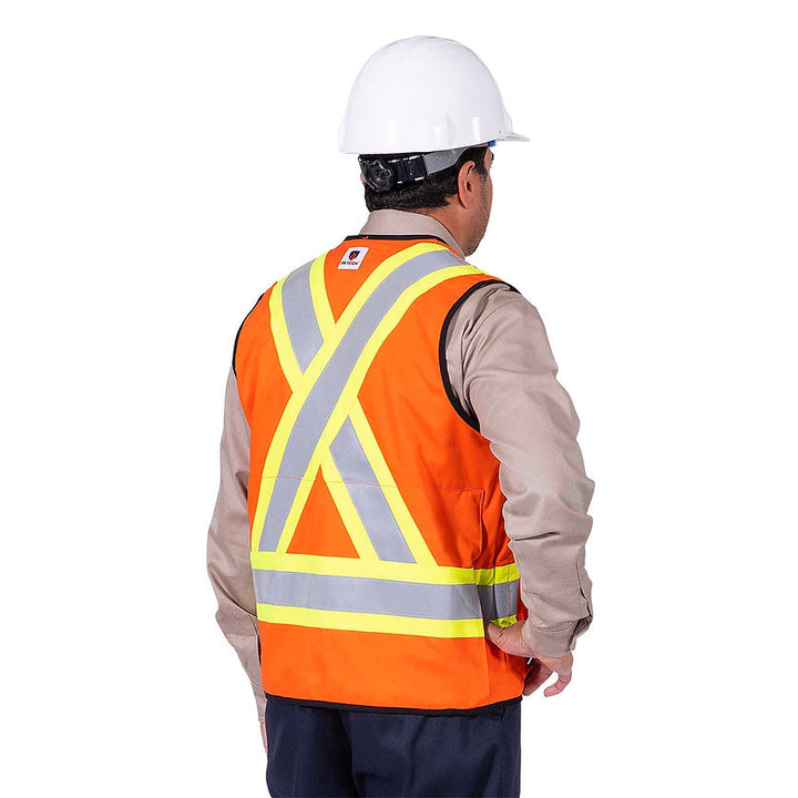 Surveyor Safety Vest Fr Arc Rated Orange Back View In Use Construction Image