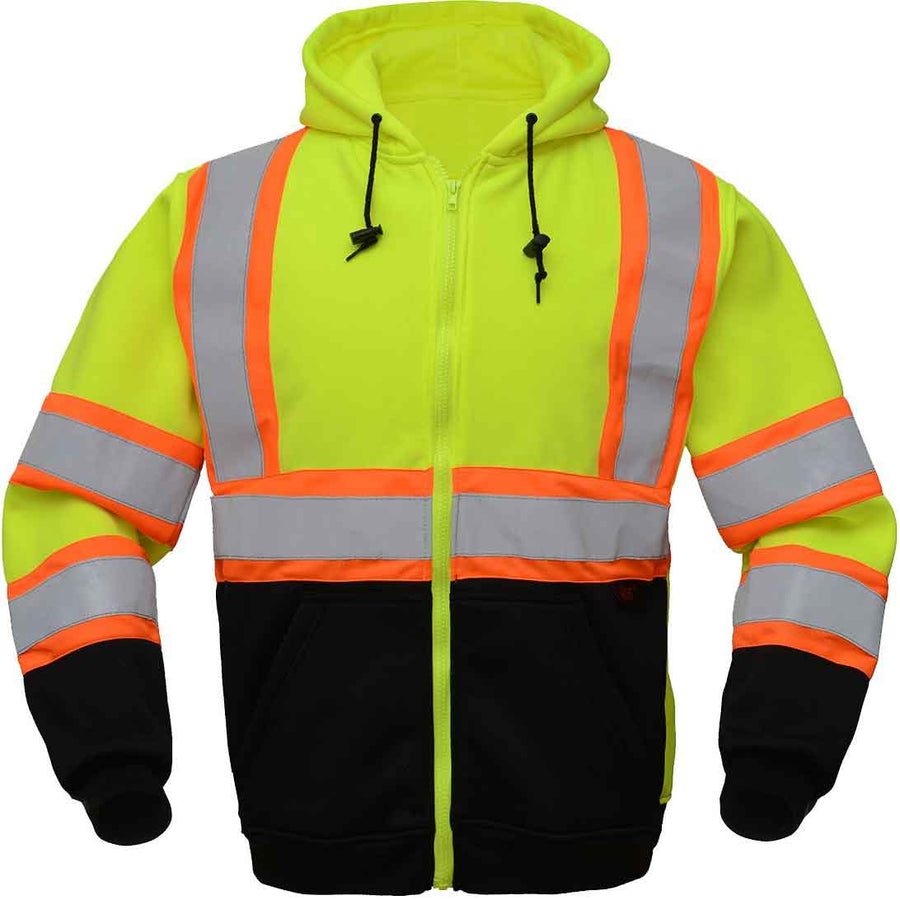 Two Tone Hooded Sweatshirts Zipper Fleece - Class 3 in Lime With Black Bottom Front View Image