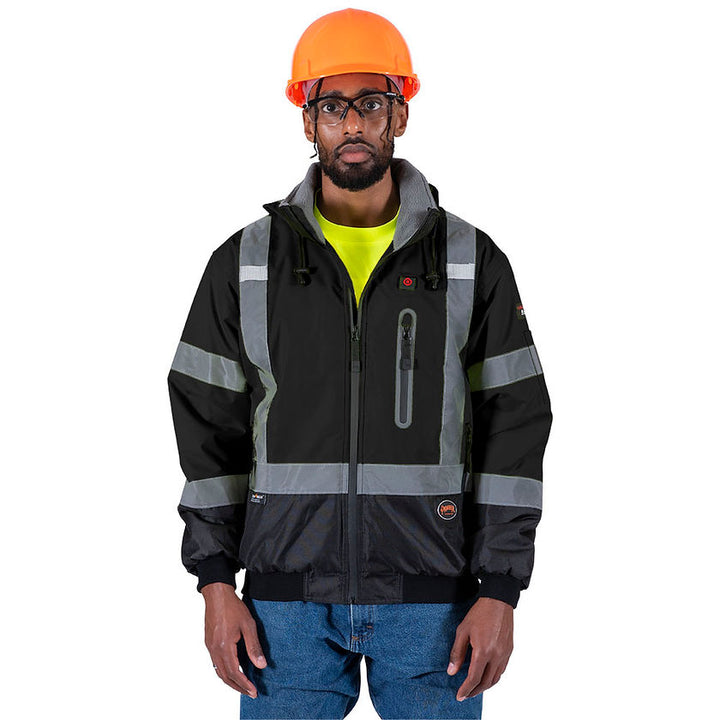 Waterproof Heated Bomber Jacket  in Black Front View In Use Construction Worker Image