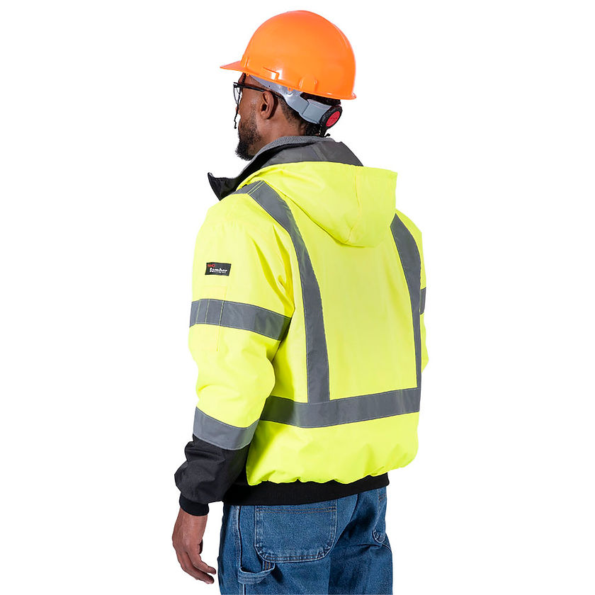 Waterproof Heated Bomber Jacket Hi-Vis Yellow Back View In Use Construction Worker Image