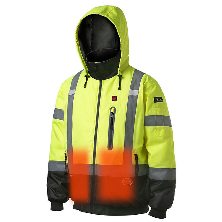 Waterproof Heated Bomber Jacket Hi-Vis Yellow Front Heater Detail Image