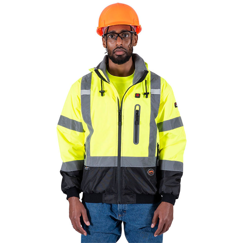 Waterproof Heated Bomber Jacket Hi-Vis Yellow Front View In Use Construction Worker Image