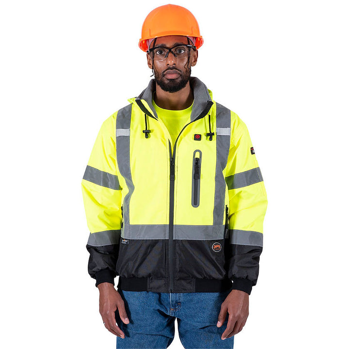 Waterproof Heated Bomber Jacket Hi-Vis Yellow Front View In Use Construction Worker Image