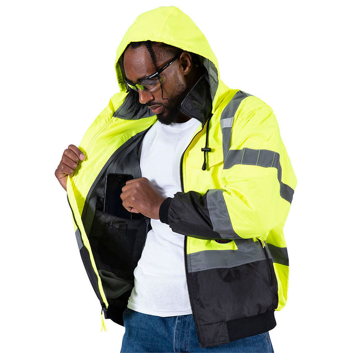 Waterproof 2-in-1 Bomber Jacket Yellow-Green Cell Phone Pocket Detail Image