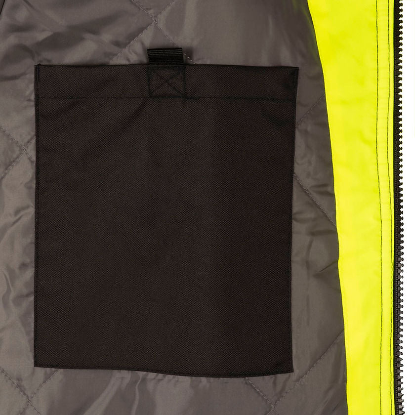 Waterproof Insulated Bomber Jacket Yellow Green Inside Chest Pocket Detail Image