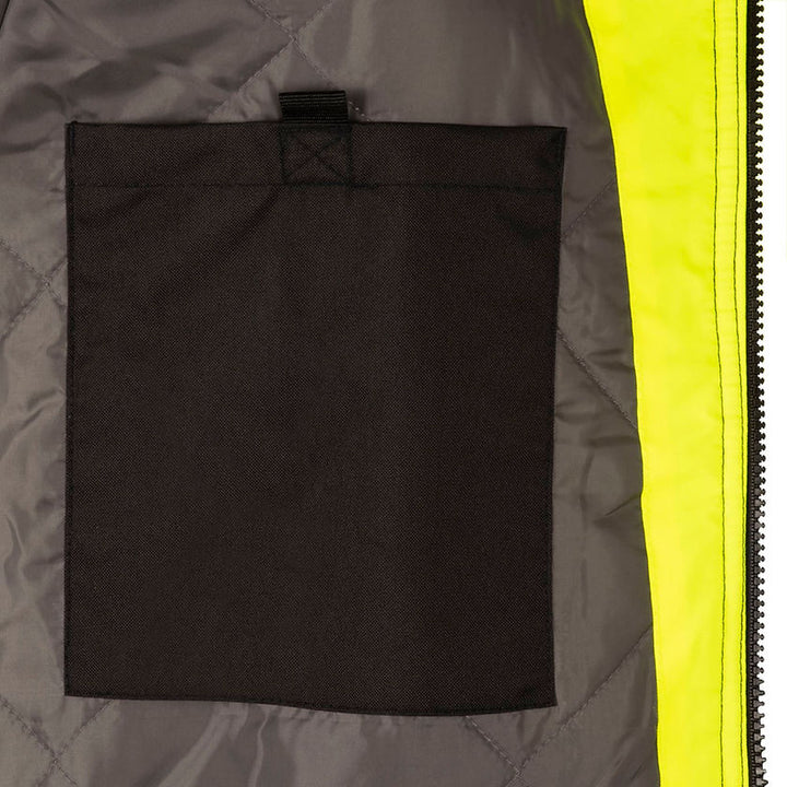 Waterproof Insulated Bomber Jacket Yellow Green Inside Chest Pocket Detail Image