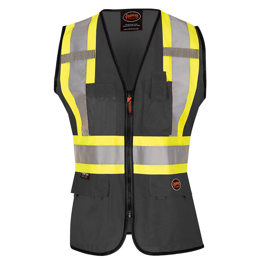 Womens Hi Vis Mesh Back Safety Vest Custom Fit Black Front View Image