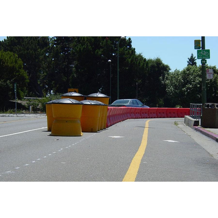 Big Sandy Crash Barrels and Water Wall Water Filled Barriers In Use to Separate Bicycle and Vehicle Traffic Image