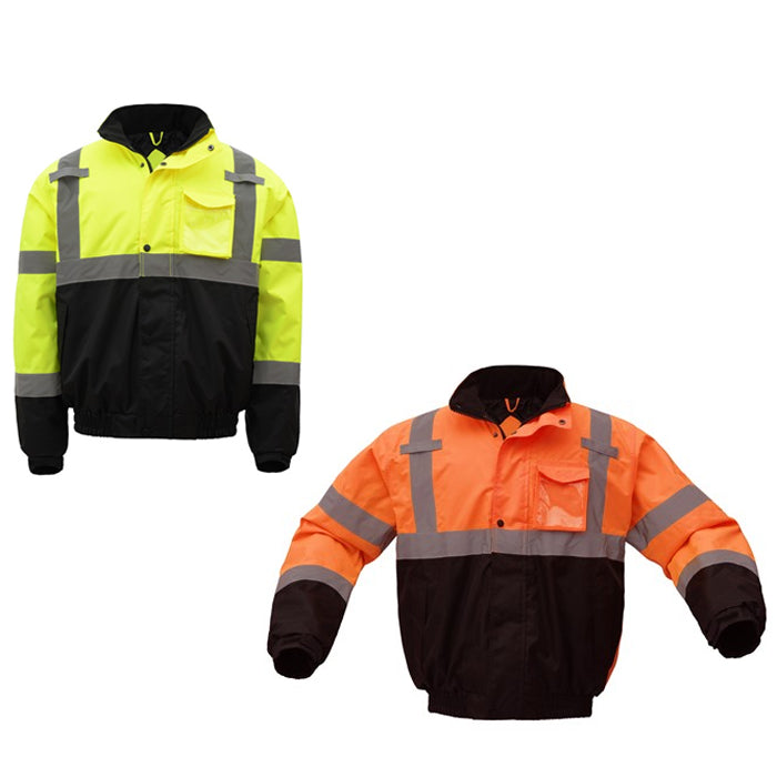 Bomber Jacket Waterproof Quilt Lines Class 3 in Lime Green or Orange With Black Front View Image