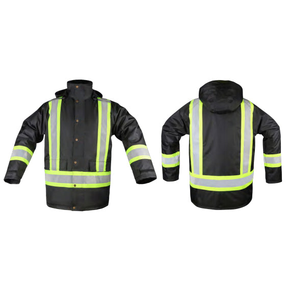 FR Waterproof Flame Resistant Insulated Jackets in Black Front and Back Views Image