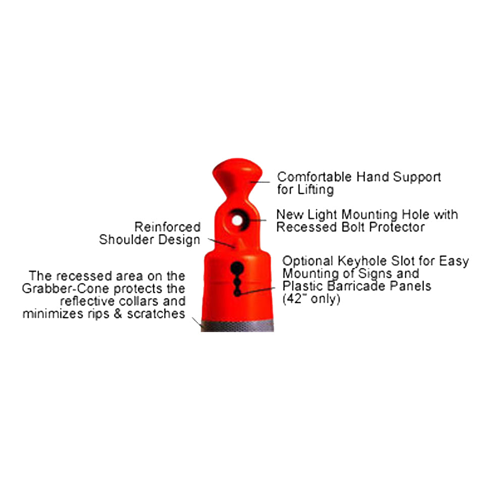 Grabber Traffic Safety Cone 42 in. (T) Close Up of Grabber Handle with Notations Image