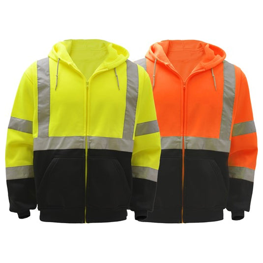 Hooded Sweatshirt With Black Bottom Zipper Front - Class 3 in Lime or Orange With Black Bottom Front View Image