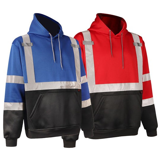 Hooded Sweatshirts Pullover Fleece With Black Bottoms Non-ANSI in Blue or Red Front View Image