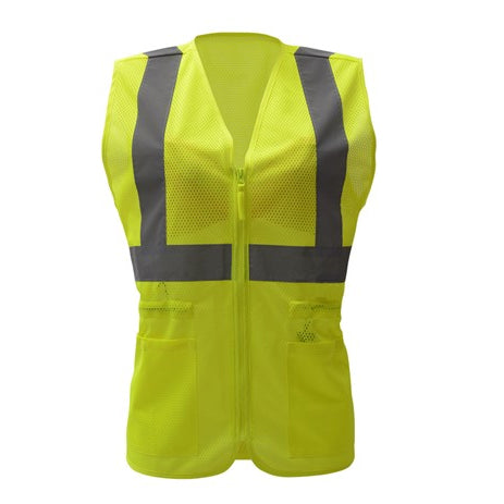 Lady Vest Lime Green With Reflective Tape Front View Image