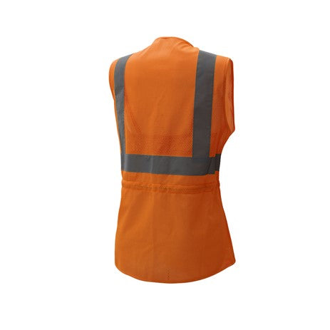 Lady Vest Orange With Reflective Tape Back View Image