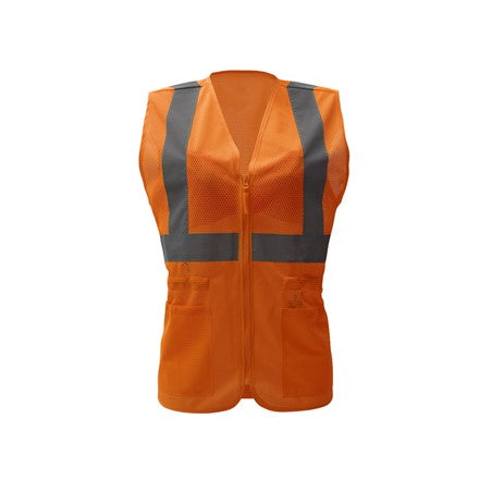 Lady Vest Orange With Reflective Tape Front View Image