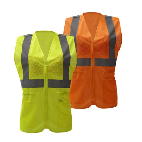 Lady Vests in Lime Green and Orange With Reflective Tape Front View Image 