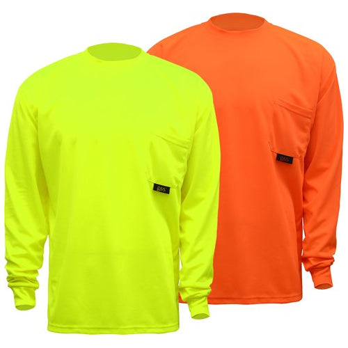 Long Sleeve Safety T-Shirts - Moisture Wicking With Chest Pocket in Lime or Orange Front View Image