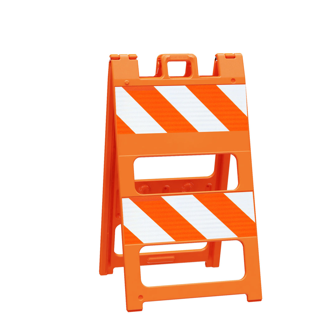 Plasticade Traffic Control Barricade in Orange with 8 in. High Intensity Prismatic Striped Sheeting Top and Bottom Image