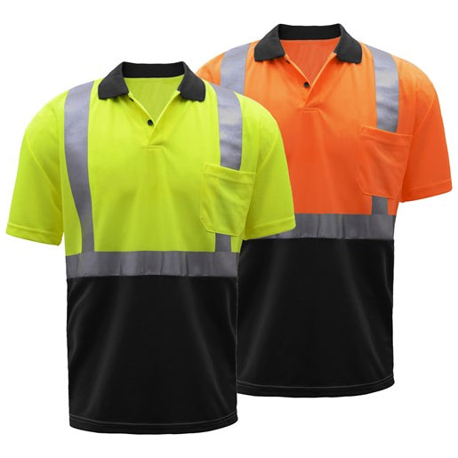  Polo Shirts With Black Bottom Moisture Wicking - Class 2 in Lime or Orange Front View Image