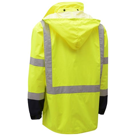 Premium Hooded Rain Jacket With Black Bottom Class 3 in Lime Back View Image