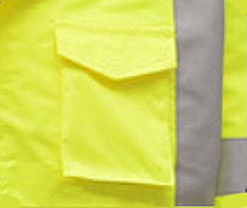 Premium Hooded Rain Jacket With Black Bottom Class 3 in Lime Flap Pocket Close Up View Image