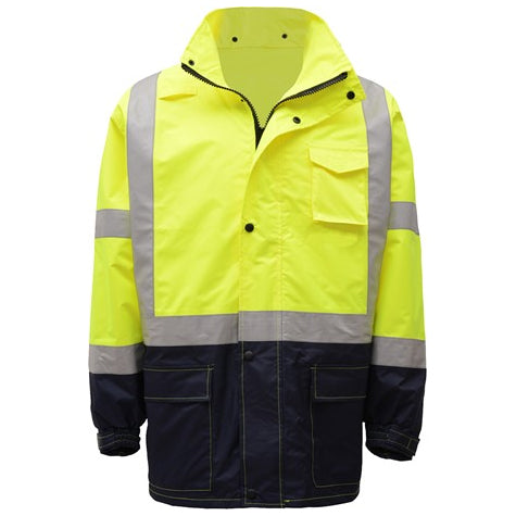 Premium Hooded Rain Jacket With Black Bottom Class 3 in Lime Front View Image