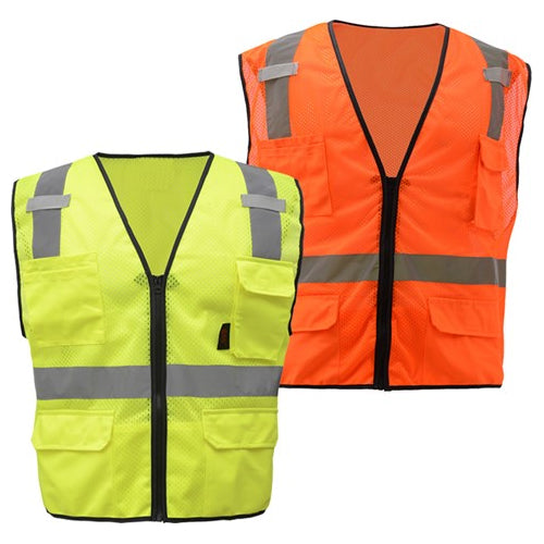 Premium Multi-Purpose Mesh Zipper Six Pocket Vests Class 2 in Lime or Orange Front View Image