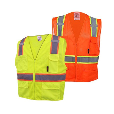 Premium Multi-Purpose Two-Tone Mesh Six Pocket Vests Class 2 in Lime or Orange Front View Image