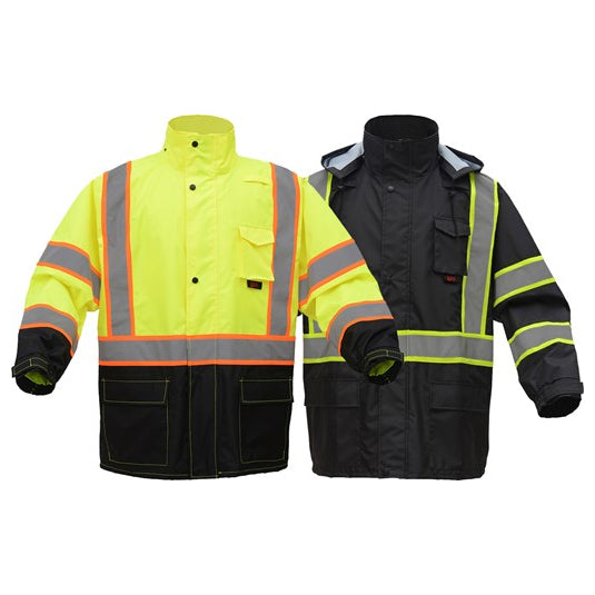 Premium Two Tone Hooded Rain Coat With Black Bottom - Class 3 in Lime or Black Front View Image