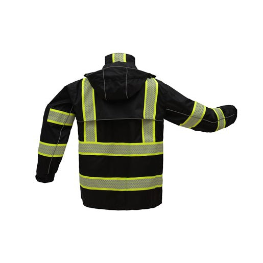 Rip Stop Rain Coat Onyx Class 3 With Teflon Coating in Black with Reflective Stripes Back View Image