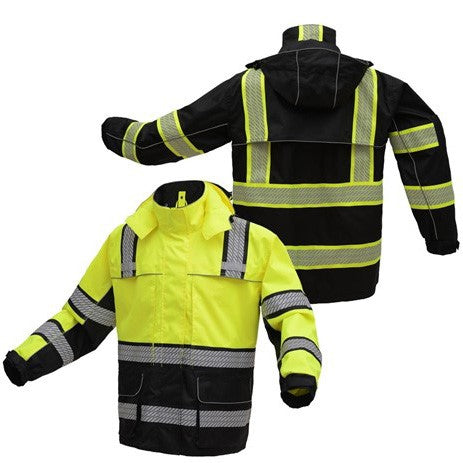 Rip Stop Rain Coat Onyx Class 3 With Teflon Coating in Black or Lime Green with Reflective Stripes Front and Back View Image