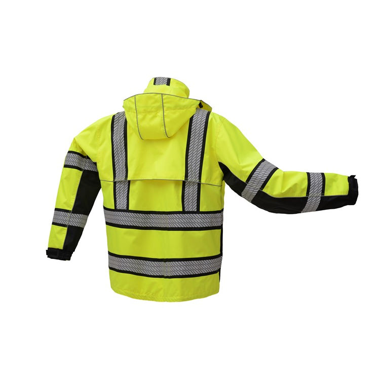 Rip Stop Rain Coat Onyx Class 3 With Teflon Coating in Lime Green with Reflective Stripes Back View Image