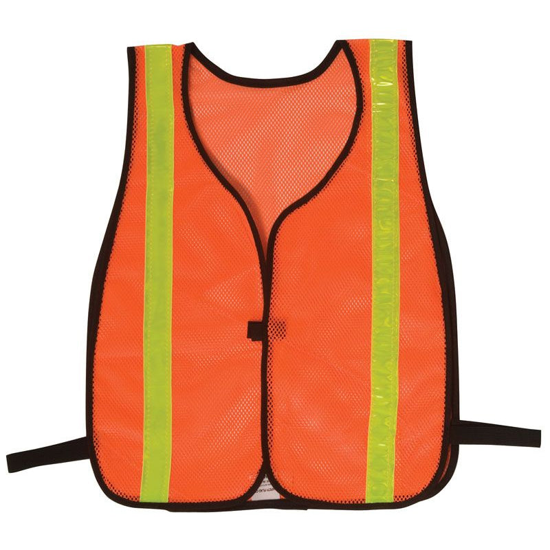 Safvest Nylon Vinyl Mesh Vest in Orange With 1.375 in. (W) Lime Yellow Vertical Reflective Stripe Image