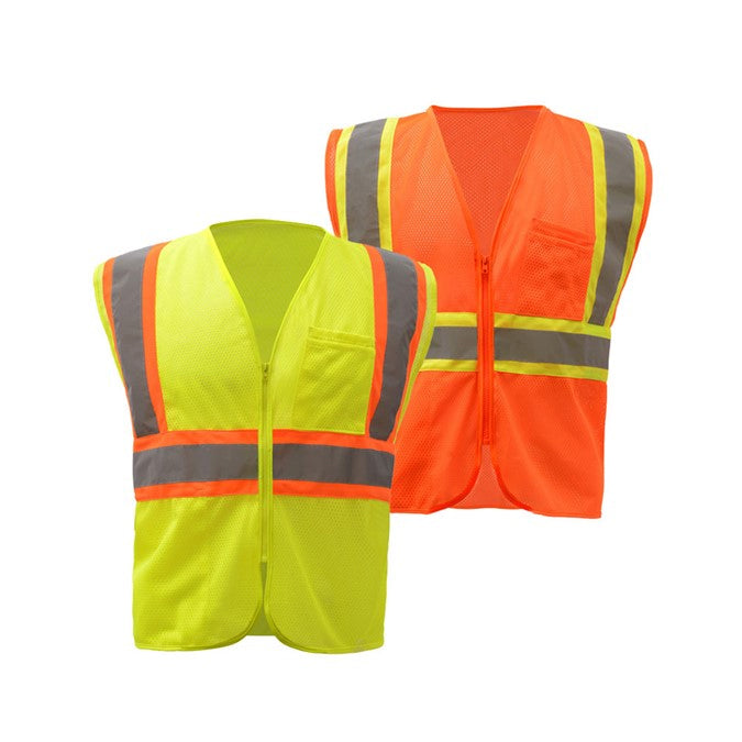 Two Tone Mesh Zipper Safety Vest - Standard Class 2 in Lime Green and Orange Front View Image