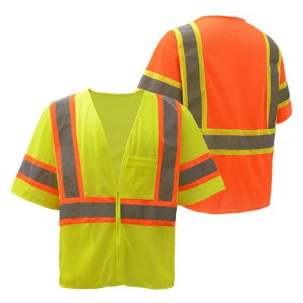 Standard Two Tone Mesh Zipper Safety Vests - Class 3 in Lime or Orange Front and Back Views Image