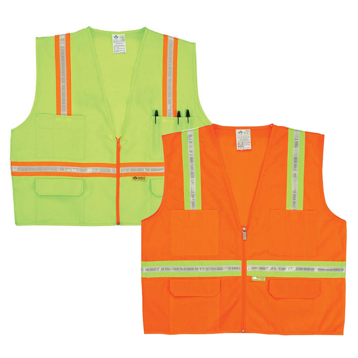 Surveyor's Vest With Contrasting Stripes in Lime Green and Orange With Contrasting Stripes Front View Image