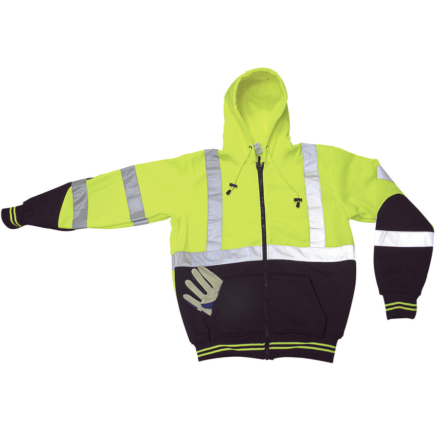 Sweatshirt Hoodie Lime Green Upper and Black Lower with 2 in. (W) Reflective Silver Stripes on Body and Sleeves Front View  Image