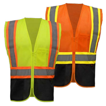 Two-Tone Mesh Safety Vests With Black Bottom Class 2 in Lime or Orange Front View Image